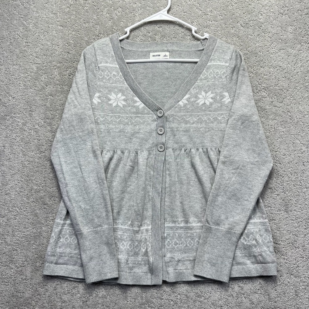 Hollister Cardigan Sweater Womens Large Gray Fair Isle Snowflake Babydoll Winter
